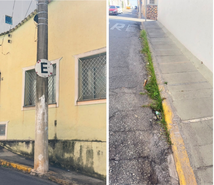 PLACA APAGADA E RUA REPLETA DE MATO
